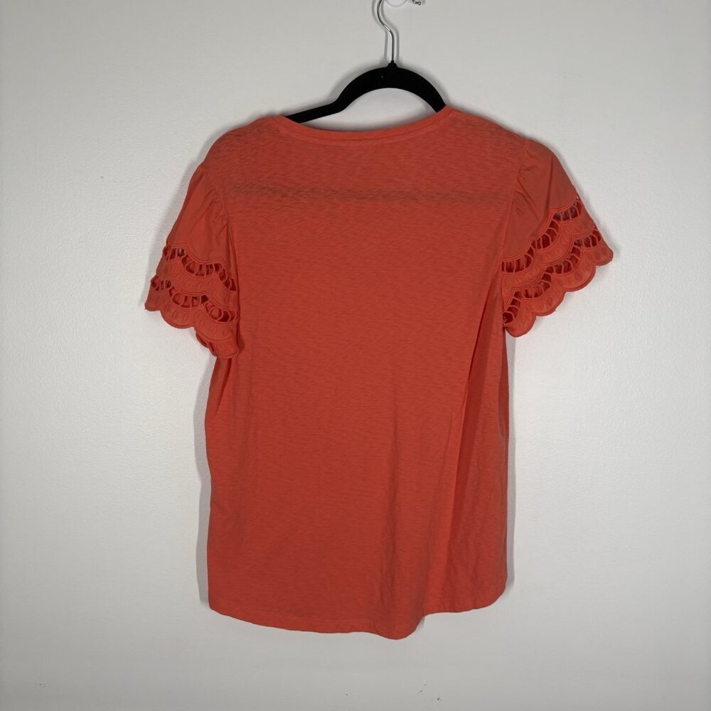 Chicos Women Sz 0 US S Nectarine Cotton Preppy V-Neck Tiered Eyelet Sleeve Top - Picture 8 of 8